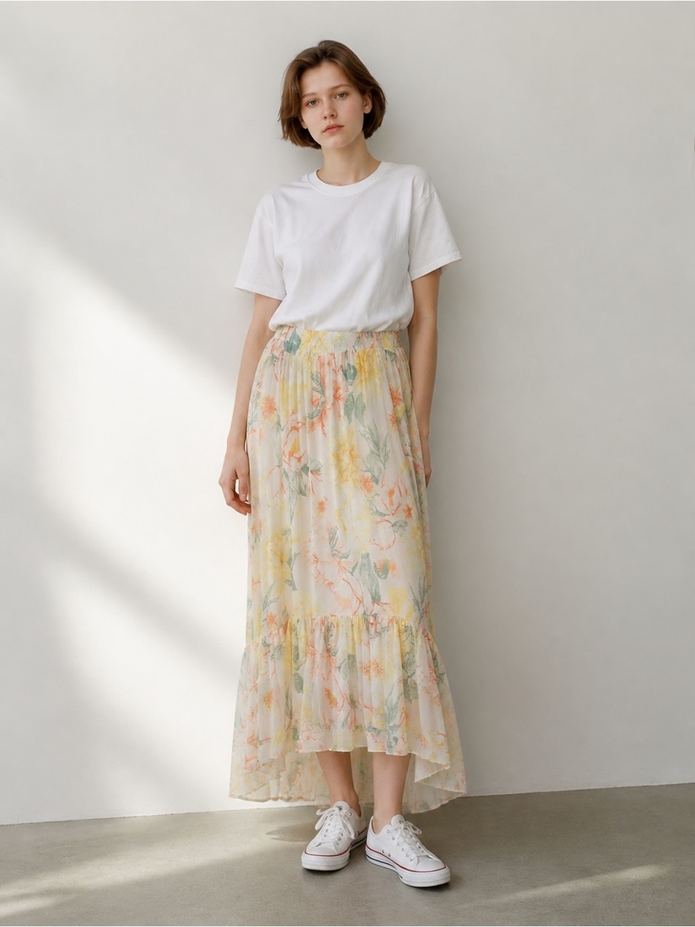 Cato Floral High-Low Chiffon Skirt - White, Yellow, Green